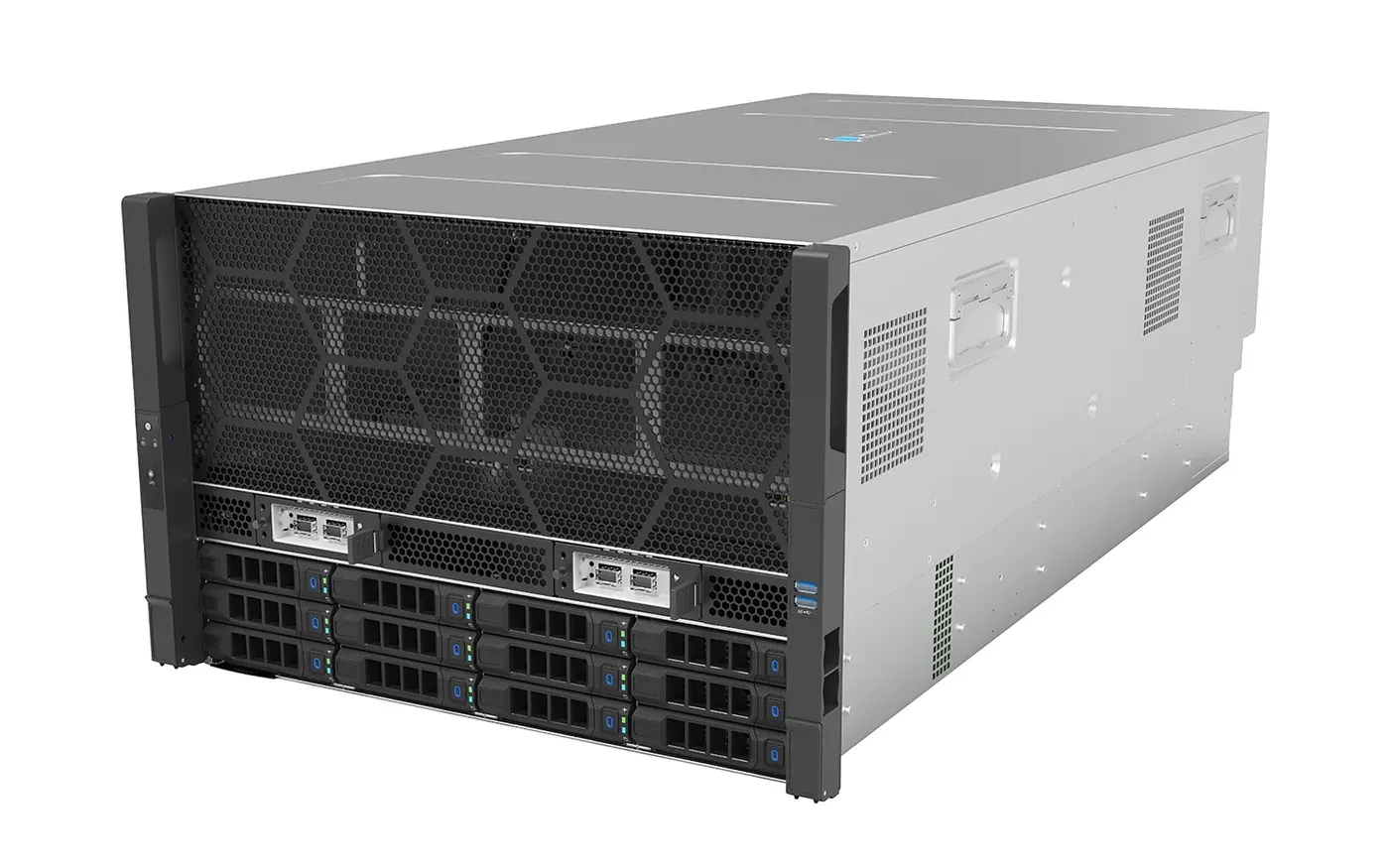 8-GPU AI server chassis from a Chinese factory, front view with drive bays and mesh panel