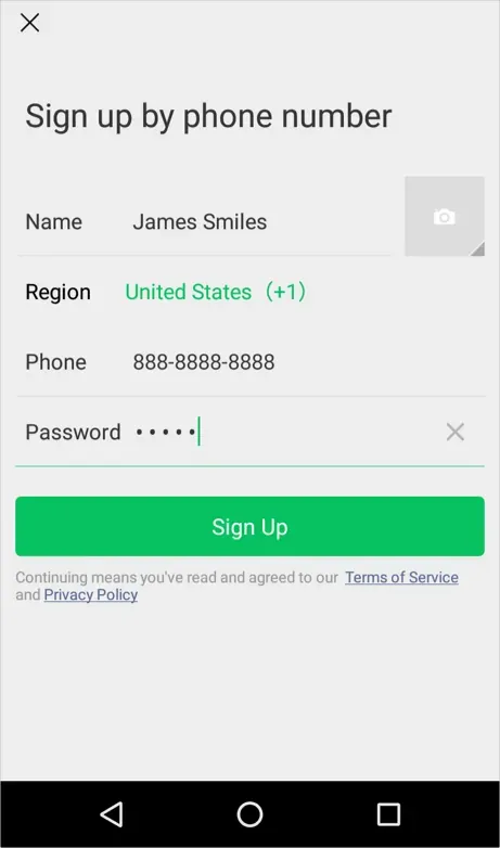 WeChat sign up screen for foreigners with international phone number